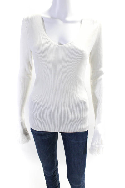 Derek Lam 10 Crosby Womens V Neck Long Sleeve Fringe Trim Blouse White Size M