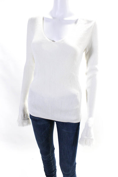 Derek Lam 10 Crosby Womens V Neck Long Sleeve Fringe Trim Blouse White Size M