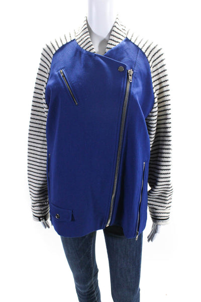 O'2nd Womens Asymmetric Zip Striped Colorblock Biker Jacket Blue White Size 10