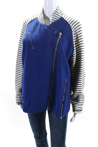 O'2nd Womens Asymmetric Zip Striped Colorblock Biker Jacket Blue White Size 10