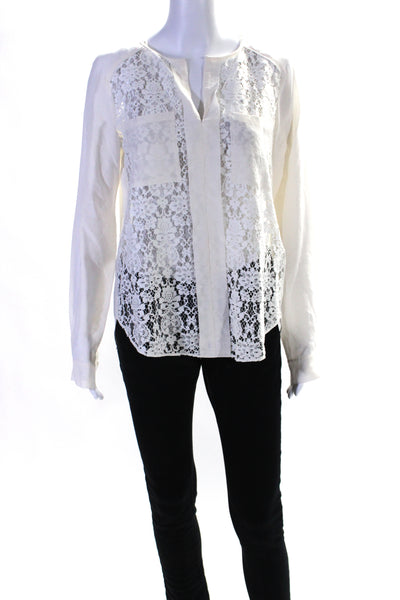 Rebecca Taylor Womens Silk Long Sleeve Lace V Neck Blouse White Size 6