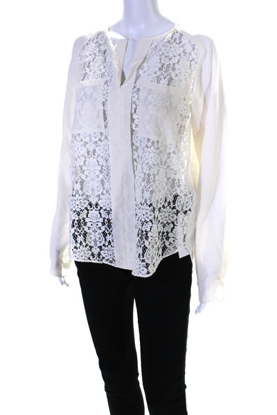 Rebecca Taylor Womens Silk Long Sleeve Lace V Neck Blouse White Size 6