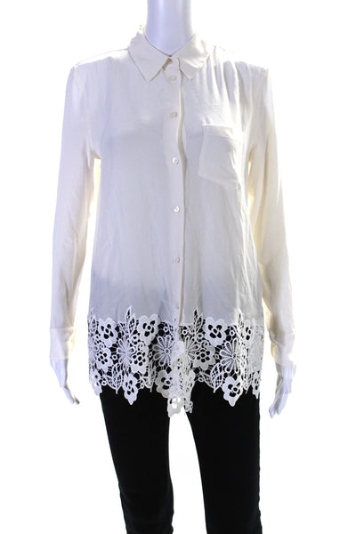 Equipment Femme Womens Silk Long Sleeve Lace Trim Buttoned Blouse White Size S