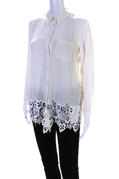 Equipment Femme Womens Silk Long Sleeve Lace Trim Buttoned Blouse White Size S