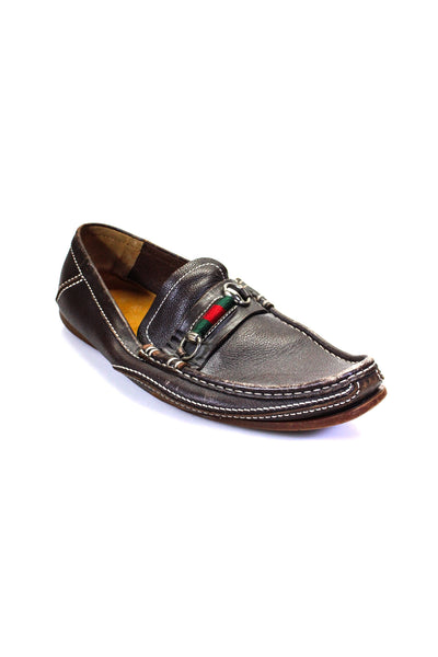 Gucci Men's Round Toe Silver Hardware Leather Slip-On Loafers Brown Size 11.5