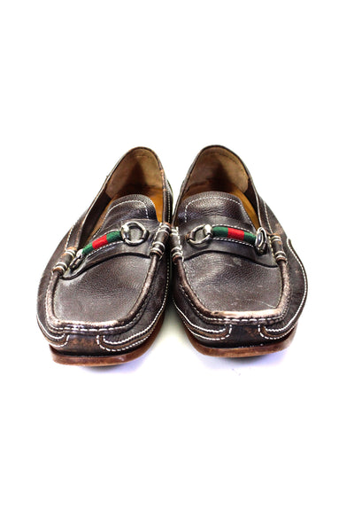 Gucci Men's Round Toe Silver Hardware Leather Slip-On Loafers Brown Size 11.5