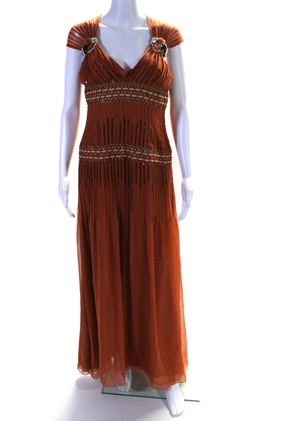 Carolina Herrera Womens Silk Jeweled V Neck Sleeveless Maxi Dress Orange Size 10