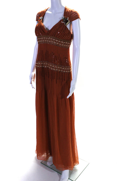 Carolina Herrera Womens Silk Jeweled V Neck Sleeveless Maxi Dress Orange Size 10