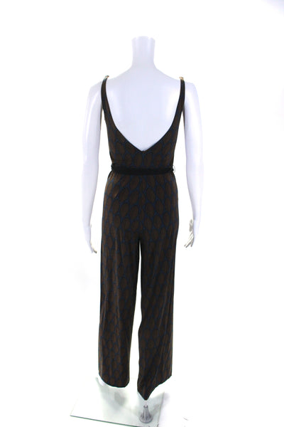 Siyu Womens V Neck Leaf Print Wide Leg Jumpsuit Blue Brown Size 4