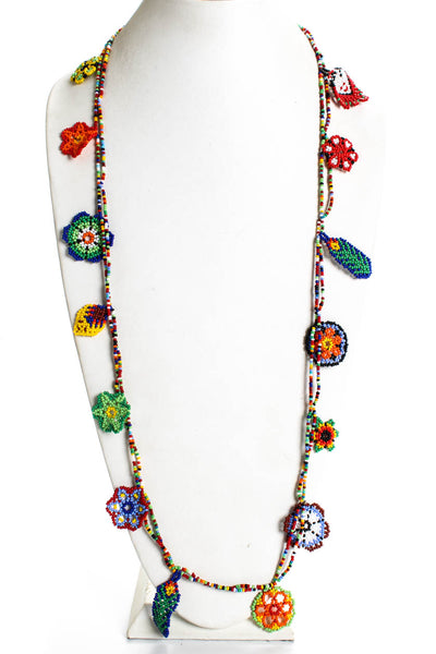 Designer Womens Flower Leaf Seed Bead Statement Necklace Multicolor 40"