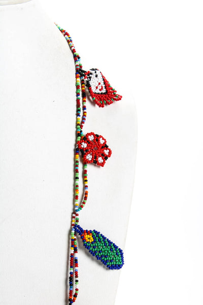 Designer Womens Flower Leaf Seed Bead Statement Necklace Multicolor 40"