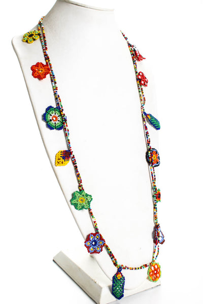 Designer Womens Flower Leaf Seed Bead Statement Necklace Multicolor 40"