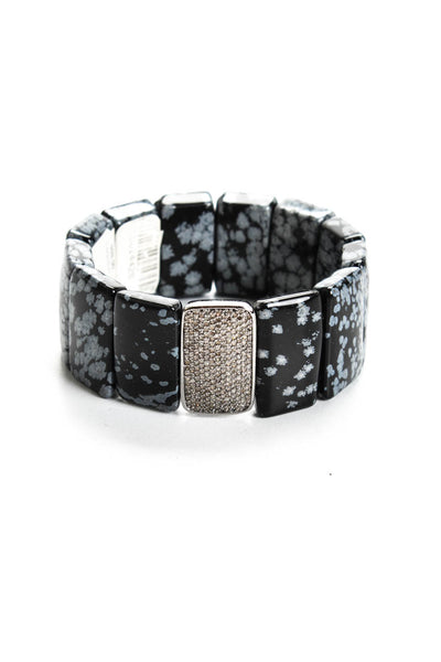 Designer Womens Silver Tone Snowflake Obsidian Diamond Accent Stretch Bracelet