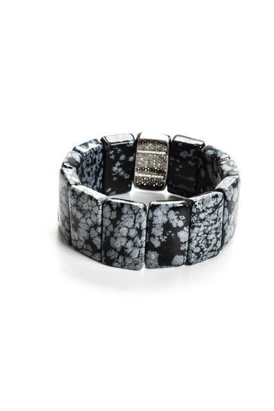 Designer Womens Silver Tone Snowflake Obsidian Diamond Accent Stretch Bracelet