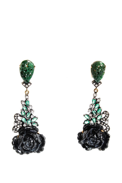 Designer Womens Sterling Silver Jade Emerald Diamond Accent Flower Dangle Earrin