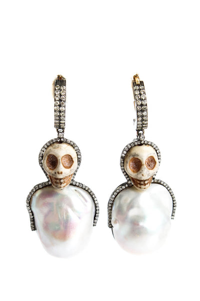 Designer Womens Sterling Silver Baroque Pearl Diamond Accent Jasper Skull Earrin