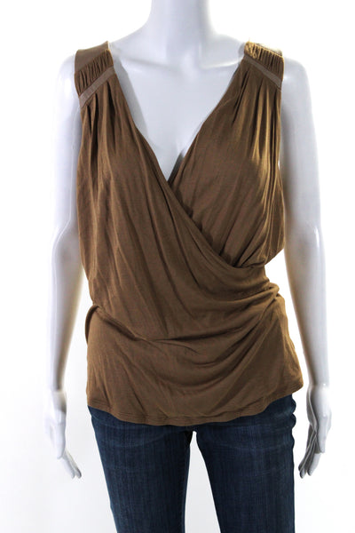 Ecru Womens Leather Trim V Neck Sleeveless Ruched Tank Top Brown Size Medium