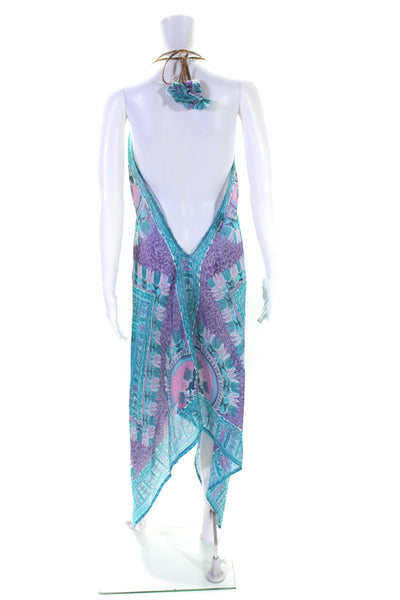 Pop Saint Barth Womens Silk Abstract Print V-Neck Halter Dress Blue Size M