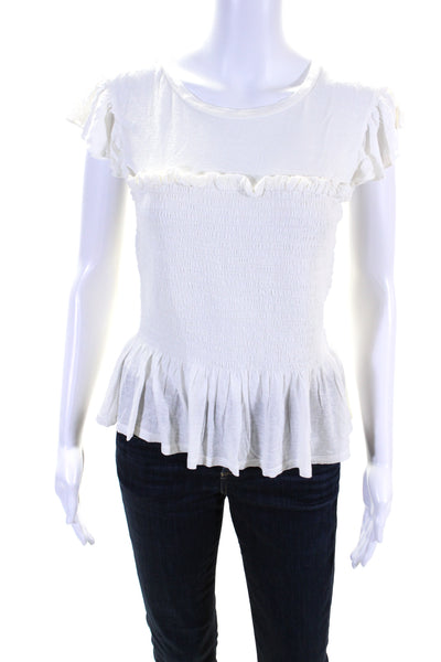 Rebecca Taylor Womens Ruffled Cap Sleeve Smocked Scoop Neck Shirt White Medium