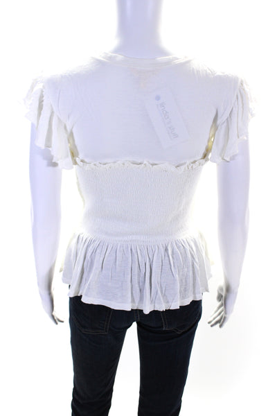 Rebecca Taylor Womens Ruffled Cap Sleeve Smocked Scoop Neck Shirt White Medium