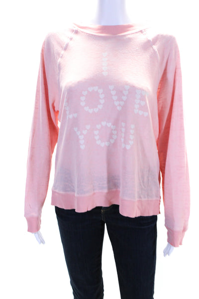 Wildfox Womens Long Sleeve Scoop Neck I Love You Sweater Pink Cotton Size Medium