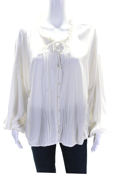 Cleobella Womens White Ruffle Pleated Tie Neck Long Sleeve Blouse Top Size L