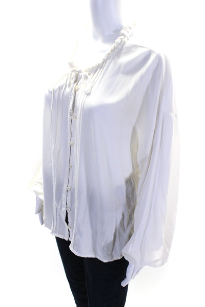 Cleobella Womens White Ruffle Pleated Tie Neck Long Sleeve Blouse Top Size L