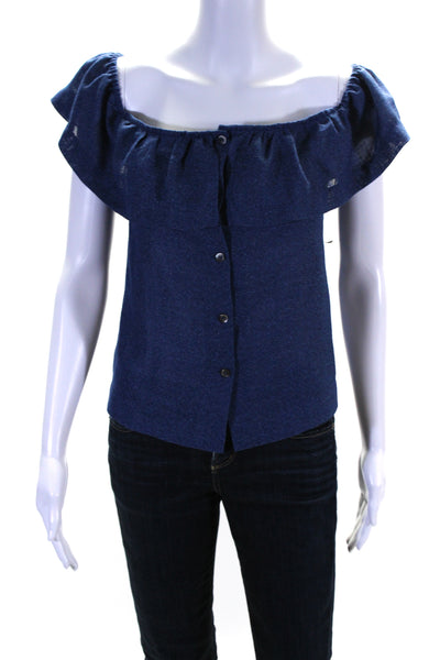 FRNCH Womens Ruffle Trim Button Up Off The Shoulder Blouse Top Blue Size L