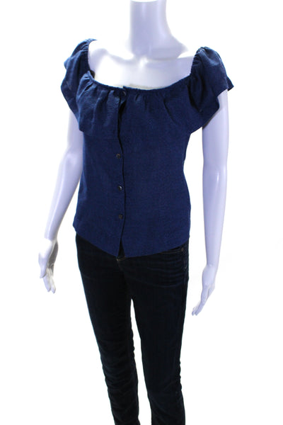 FRNCH Womens Ruffle Trim Button Up Off The Shoulder Blouse Top Blue Size L