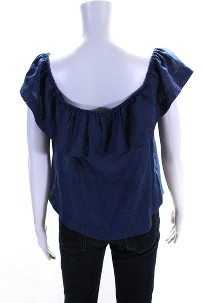 FRNCH Womens Ruffle Trim Button Up Off The Shoulder Blouse Top Blue Size L