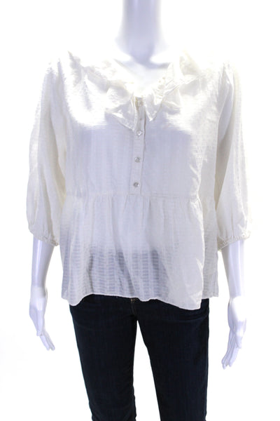 & Other Stories Womens White Textured Ruffle Henley 3/4 Sleeve Blouse Top Size10