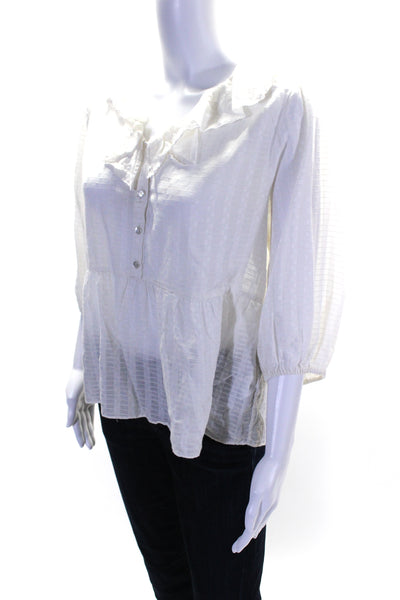 & Other Stories Womens White Textured Ruffle Henley 3/4 Sleeve Blouse Top Size10