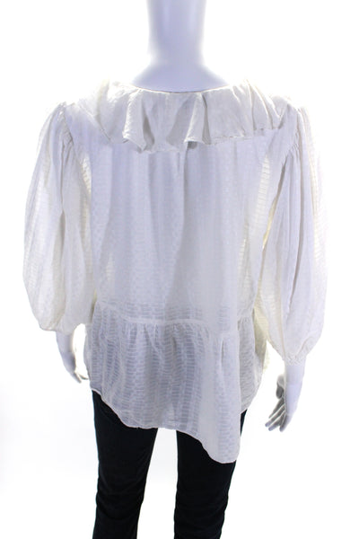 & Other Stories Womens White Textured Ruffle Henley 3/4 Sleeve Blouse Top Size10