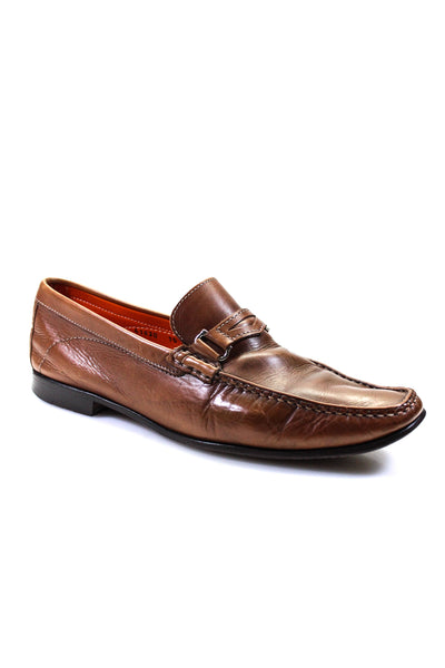 Santoni Mens Leather Slide On Gold Tone Dress Loafers Pecan Brown Size 11.5 D