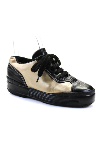 Chanel Womnes Leather Low Top Lace Up Platform Sneakers Beige Black Size 36 6