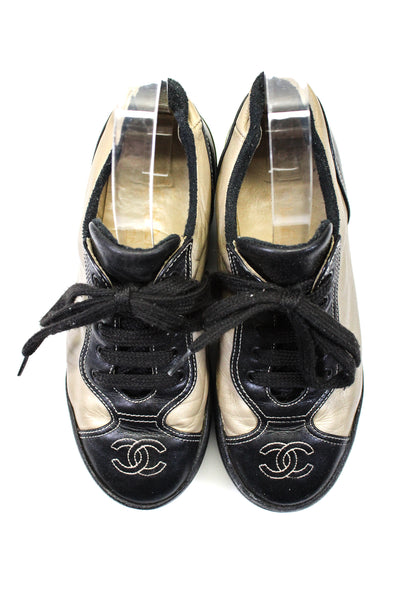 Chanel Womnes Leather Low Top Lace Up Platform Sneakers Beige Black Size 36 6