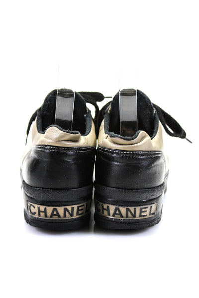 Chanel Womnes Leather Low Top Lace Up Platform Sneakers Beige Black Size 36 6