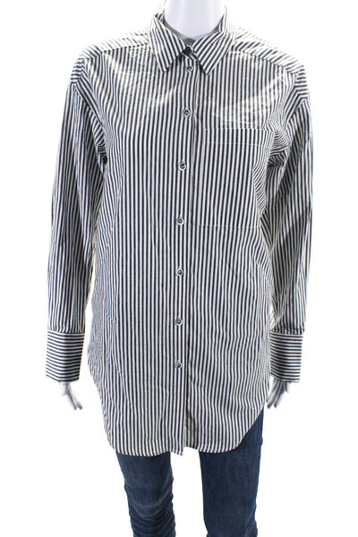 Renuar Women's Collared Long Button Down Shirt Gray Stripe Size XS