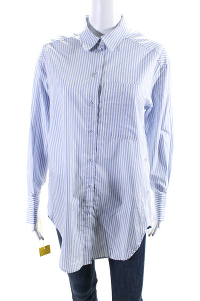 Renuar Women's Long Sleeves Button Down Cotton Shirt Blue Stripe Size S