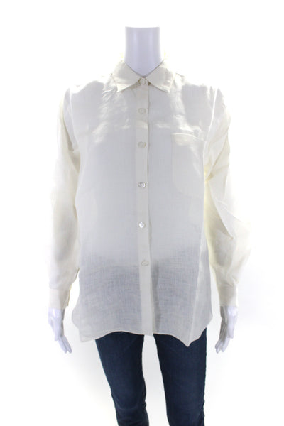 San Francisco Womens Collared Linen Long Sleeve Button Down Blouse White Size S