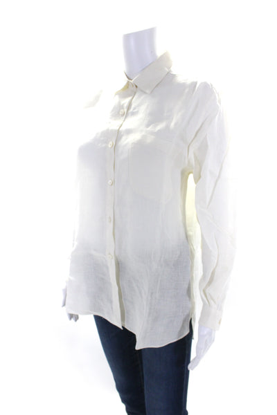 San Francisco Womens Collared Linen Long Sleeve Button Down Blouse White Size S