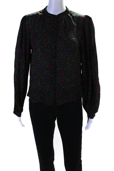 Veronica Beard Womens Button Front Crew Neck Floral Silk Top Black Multi Size 0