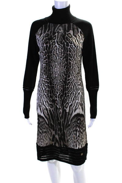 Roberto Cavalli Womens Long Sleeve Leopard Print Knit Dress Black Gray IT 44