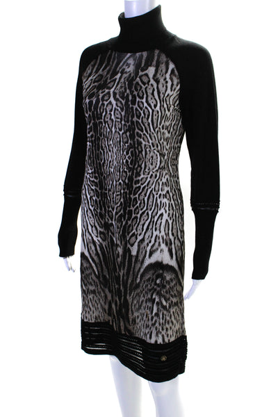 Roberto Cavalli Womens Long Sleeve Leopard Print Knit Dress Black Gray IT 44