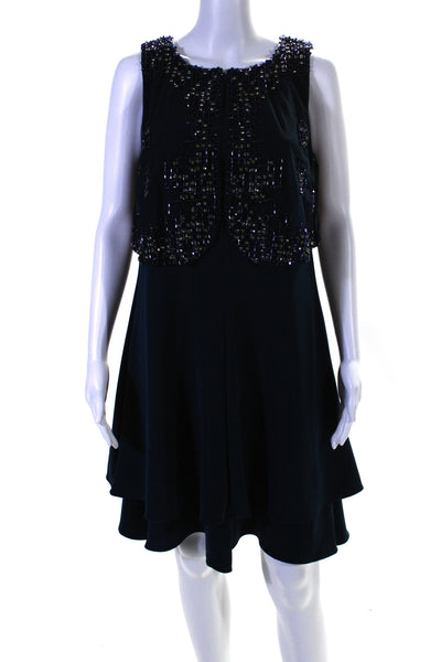 Armani Collezioni Womens Front Zp Beaded Crystal Tiered Dress Blue Size 8