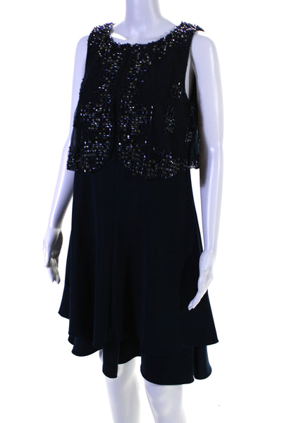 Armani Collezioni Womens Front Zp Beaded Crystal Tiered Dress Blue Size 8