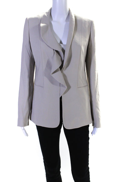 Elie Tahari Womens Taupe Ruffle Collar Faux Pockets Long Sleeve Blazer Size 6