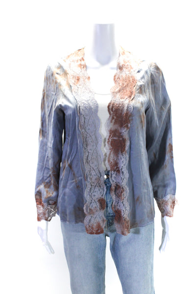 Mary Jo Bruno Womens Blue Silk Lace Trim Open Front Printed Blouse Top Size S