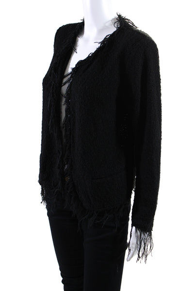 IRO Womens Tweed Frayed Trim Open Front Unlined Jacket Black Size 38