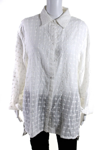 Vita Grace Womens Cotton Spotted Print Textured Collared Blouse White Size S